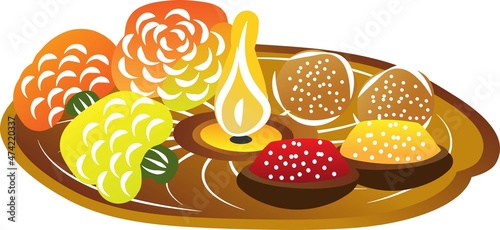 Pooja Thali, puja vector illustration. Hindu religious diwali decoration for celebrate and worship. Isolated brass plate with marigold flower, candle, turmeric powder