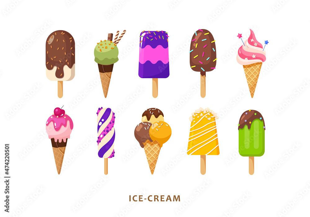 Set of tasty ice creams. Collection of various multicolored ice cream icons with different tastes and toppings. Set of tasty ice creams. Collection of various multicolored ice cream icons with different tastes and toppings.