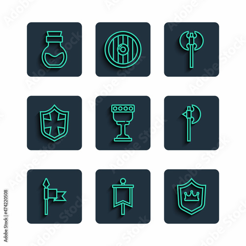 Set line Medieval spear, flag, Shield with crown, axe, goblet, Poison in bottle and icon. Vector