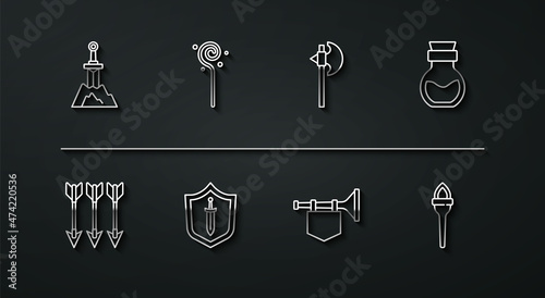 Set line Sword in the stone, Crossed arrows, Poison bottle, Trumpet with flag, Medieval shield sword, Magic staff, Torch flame and axe icon. Vector