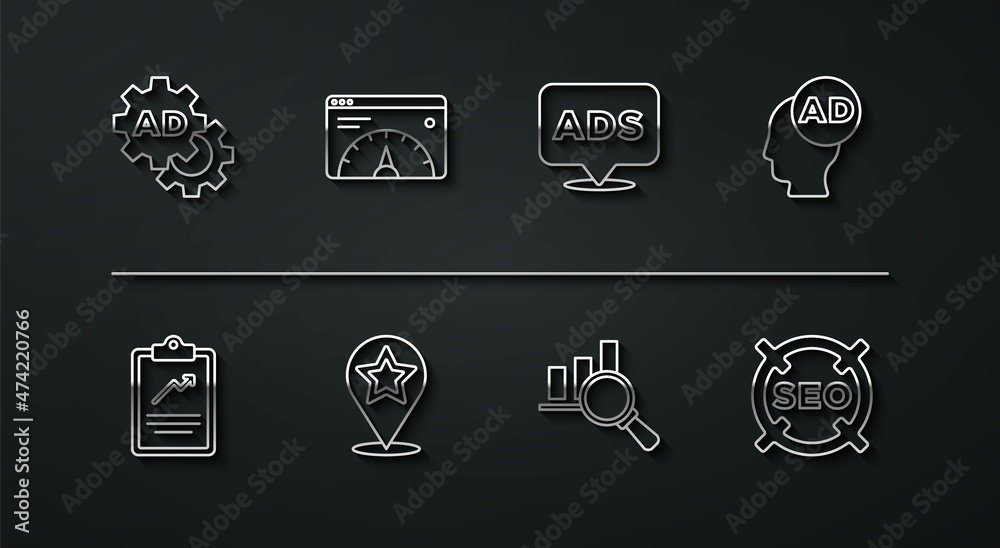 Set line Advertising, Clipboard with graph chart, Magnifying glass and analysis, Map pointer star, Website statistic, SEO optimization and icon. Vector