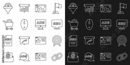 Set line Chain link, Target sport, SEO optimization, Browser setting, Computer mouse, Shopping cart, Lead management and Advertising icon. Vector