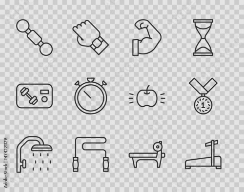 Set line Shower head, Treadmill machine, Bodybuilder muscle, Jump rope, Dumbbell, Stopwatch, Bench with barbel and Medal icon. Vector