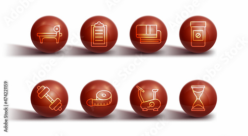 Set line Bench with barbel, Dumbbell, Anabolic drugs, Stationary bicycle, Tape measure, Sport training program, Old hourglass and Towel stack icon. Vector