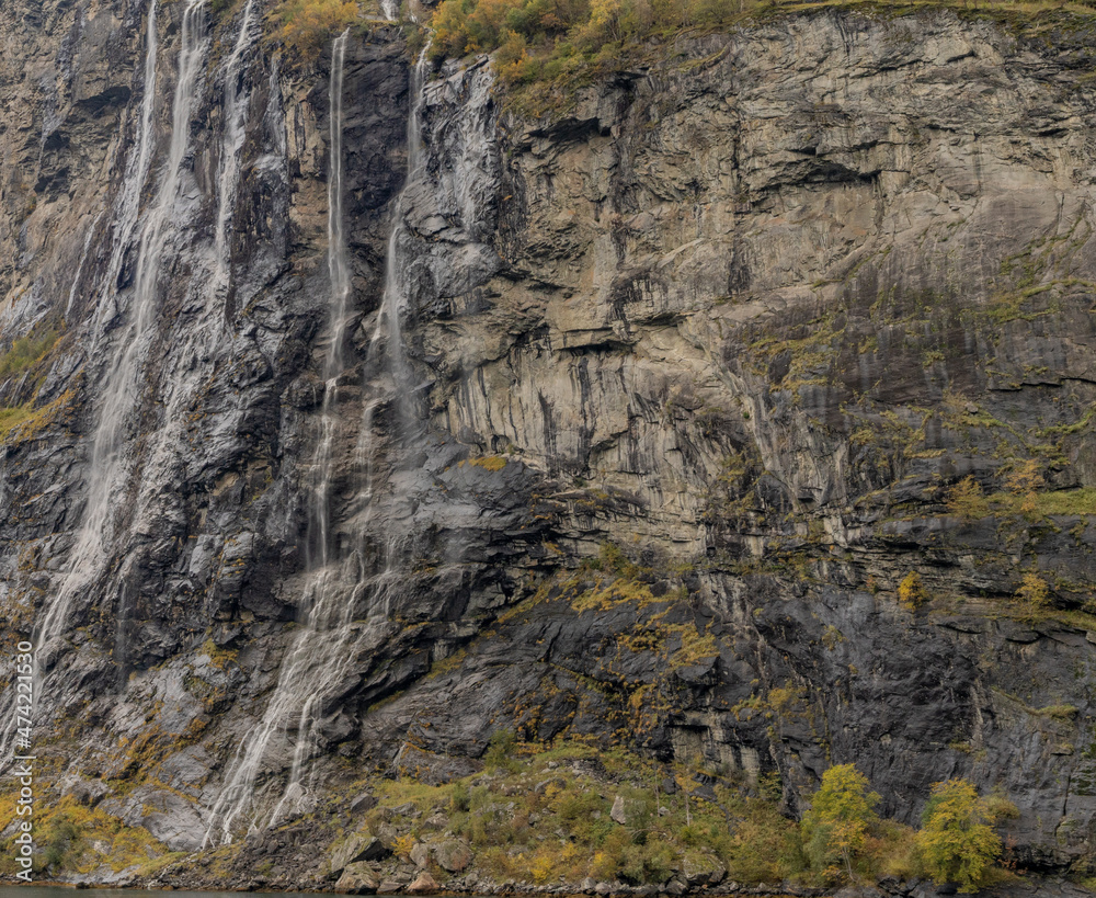 The Seven Sisters waterfall (Norwegian: De Syv Søstrene, Knivsflåfossen) located along the Geirangerfjorden in Stranda Municipality in Møre og Romsdal county, Norway.