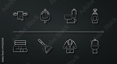 Set line Toilet paper roll, Towel stack, Bottle of liquid soap, Bathrobe, Rubber plunger, urinal or pissoir, bowl and icon. Vector