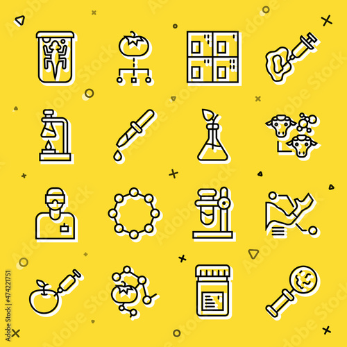 Set line Microorganisms under magnifier, Prosthesis hand, Cloning, Periodic table, Pipette, Test tube flask fire, Experimental animal and Plant breeding icon. Vector