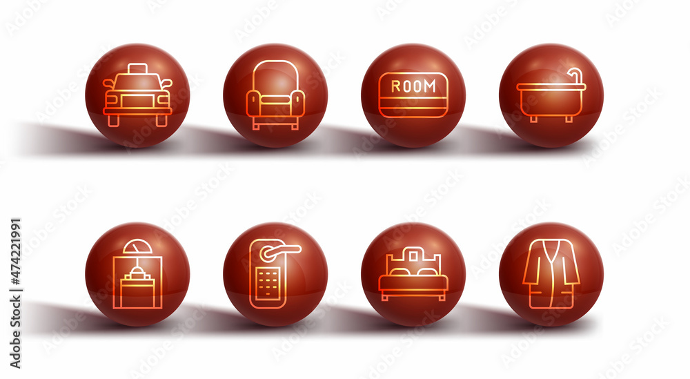 Set line Taxi car, Lift, Bathtub, Bedroom, Digital door lock, Armchair, Bathrobe and Hotel key card icon. Vector Set line Taxi car, Lift, Bathtub, Bedroom, Digital door lock, Armchair, Bathrobe and Hotel key card icon. Vector