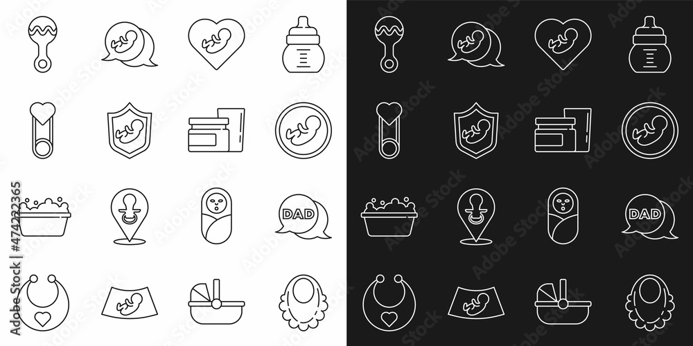 Set line Baby bib, Speech bubble dad, inside heart, on shield, clothes pin, Rattle baby toy and food icon. Vector Set line Baby bib, Speech bubble dad, inside heart, on shield, clothes pin, Rattle baby toy and food icon. Vector