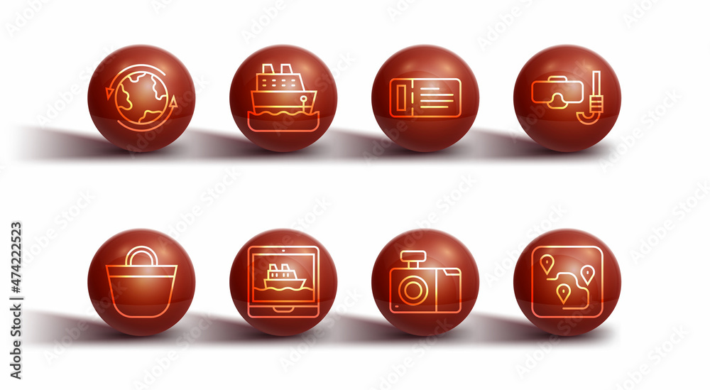 Set line Worldwide, Beach bag, Diving mask and snorkel, Photo camera, Cruise ship, Route location and ticket icon. Vector Set line Worldwide, Beach bag, Diving mask and snorkel, Photo camera, Cruise ship, Route location and ticket icon. Vector