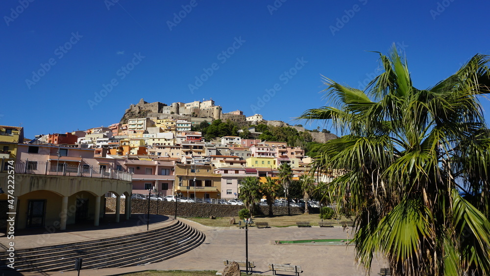 the view of Castelsardo from a parking lot, Sardinia, in the month of October