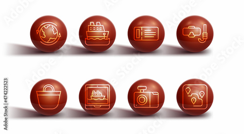 Set line Worldwide, Beach bag, Diving mask and snorkel, Photo camera, Cruise ship, Route location and ticket icon. Vector