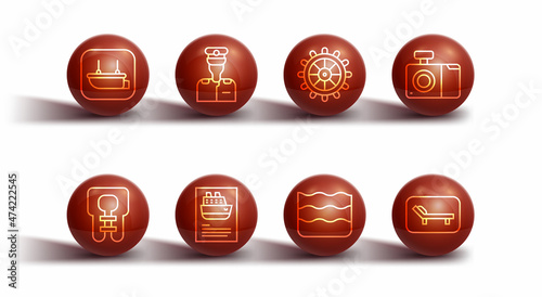 Set line Lifeboat, jacket, Photo camera, Wave, Cruise ship, Captain of, Sunbed and umbrella and Ship steering wheel icon. Vector