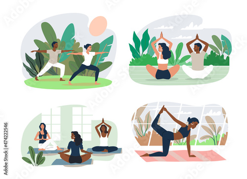 Woman doing yoga exercises and practicing meditation vector. Female character in room and nature outdoor