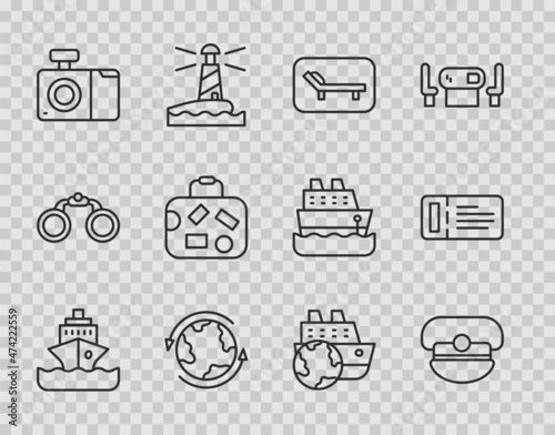 Set line Cruise ship, Captain hat, Sunbed and umbrella, Worldwide, Photo camera, Suitcase, and ticket icon. Vector