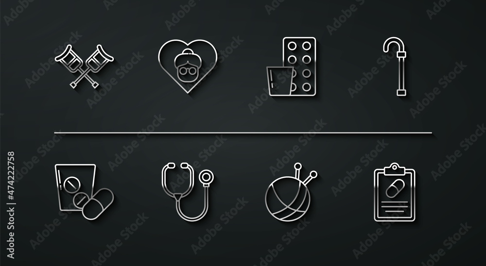 Set line Crutch or crutches, Medicine pill tablet, Walking stick cane, Yarn ball with knitting needles, Stethoscope, Grandmother, Medical prescription and Pills blister pack icon. Vector Set line Crutch or crutches, Medicine pill tablet, Walking stick cane, Yarn ball with knitting needles, Stethoscope, Grandmother, Medical prescription and Pills blister pack icon. Vector