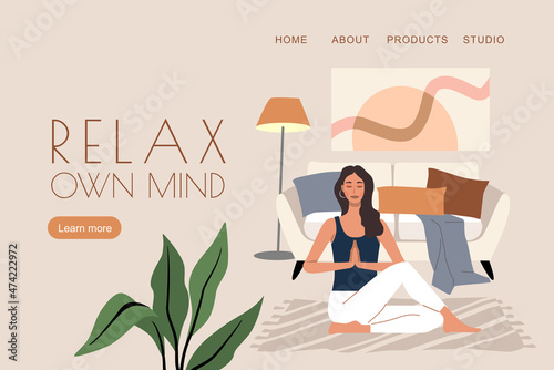 Landing page template of Yoga Classes vector. Meditate home. Woman character cartoon.
