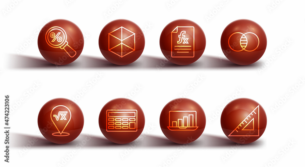 Set line Magnifying glass with percent, Mathematics sets A and B, Laptop graph chart, Calculator, Geometric figure Cube, Triangular ruler and Function mathematical symbol icon. Vector Set line Magnifying glass with percent, Mathematics sets A and B, Laptop graph chart, Calculator, Geometric figure Cube, Triangular ruler and Function mathematical symbol icon. Vector