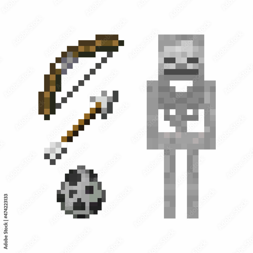 Pixel set of skeleton items. Game hero concept. Pixel skeleton, bow, arrow, skeleton summon egg. Vector illustration EPS 10.
