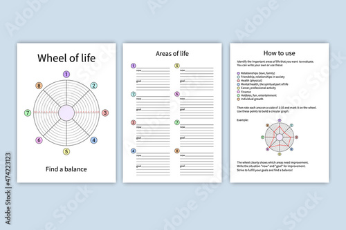Wheel of life. Vector printable template. Coaching tool on white background.  Life balance concept. Suitable for daily planner, notebook