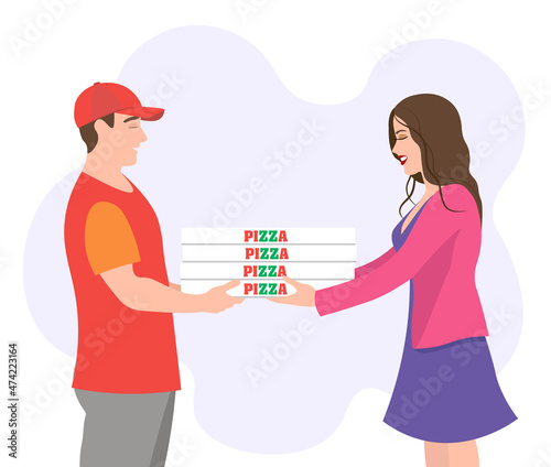Pizza delivery. A girl meets a courier. Food delivery at home. Festive pizza.