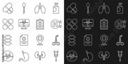 Set line Crutch or crutches, Medical scissors, Hospital signboard, Lungs, Monitor with cardiogram, Crossed bandage plaster, Medicine pill tablet and Clinical record icon. Vector