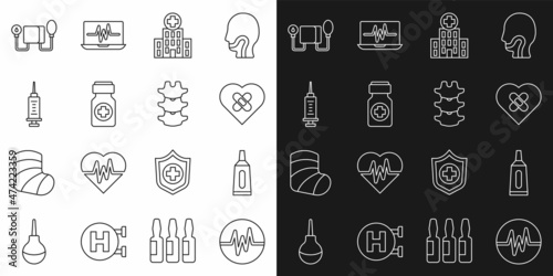 Set line Heart rate, Ointment cream tube medicine, Healed broken heart, Medical hospital building, Medicine bottle and pills, Syringe, Blood pressure and Human spine icon. Vector