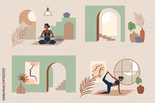 Modern abstract geometric interior with plants vector. Wall in boho style with woman.