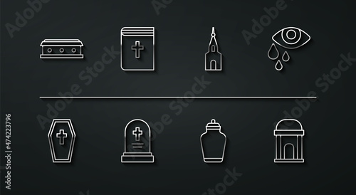 Set line Coffin with cross, Tear cry eye, Funeral urn, Grave tombstone, Holy bible book, Old crypt and Church building icon. Vector