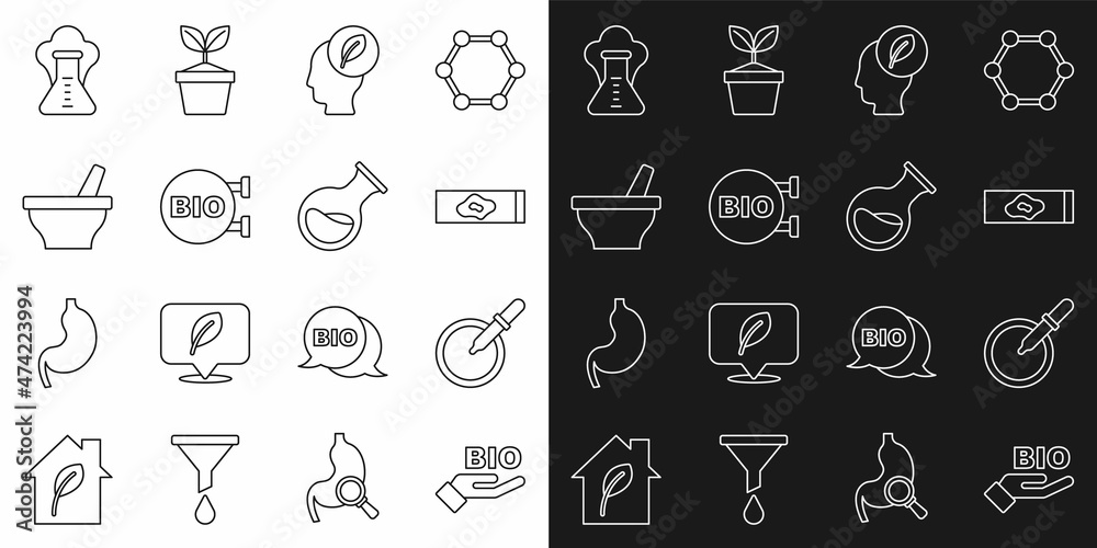 Set line Bio healthy food, Petri dish with pipette, Blood test and virus, Human head leaf inside, Mortar pestle, Chemical explosion and Test tube flask icon. Vector
