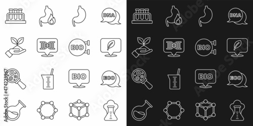 Set line Chemical explosion  Label for eco healthy food  Location with leaf  Human stomach  DNA symbol  Plant in hand  Test tube flask and Bio icon. Vector