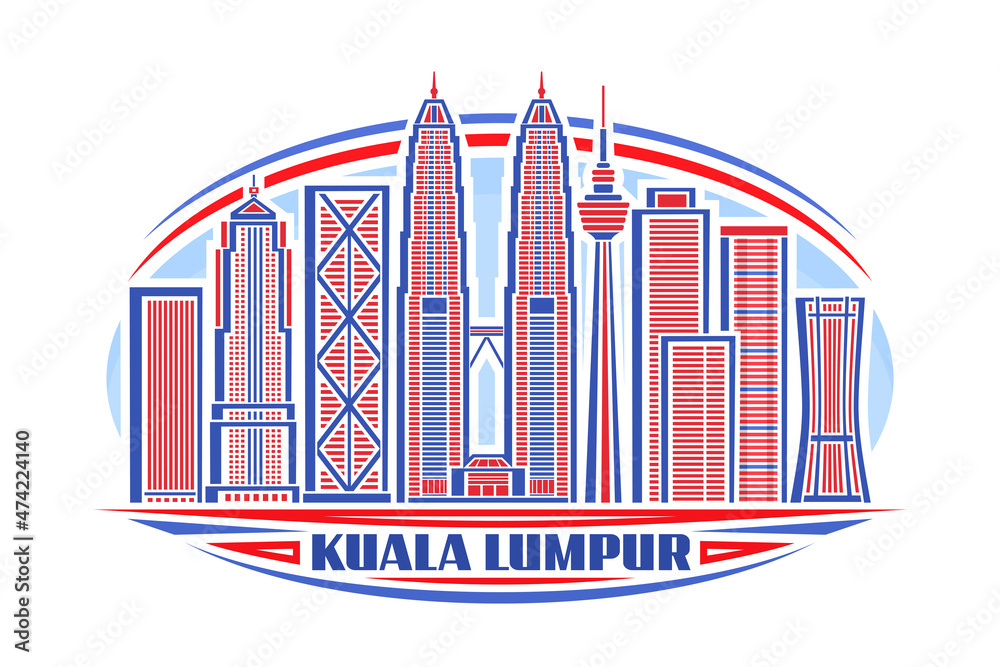Naklejka premium Vector illustration of Kuala Lumpur, horizontal logo with linear design famous asian city scape on day sky background, urban line art concept with decorative lettering for blue words kuala lumpur