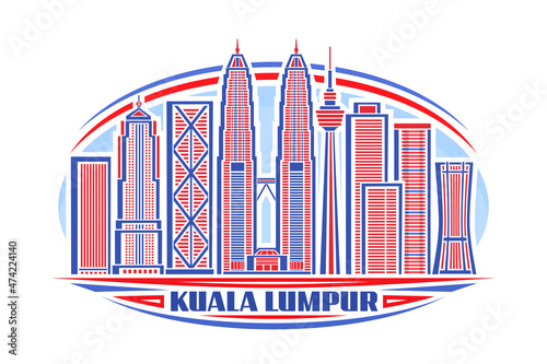 Vector illustration of Kuala Lumpur, horizontal logo with linear design famous asian city scape on day sky background, urban line art concept with decorative lettering for blue words kuala lumpur