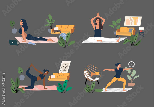 Woman doing yoga exercises and practicing meditation vector. Female character in home interior