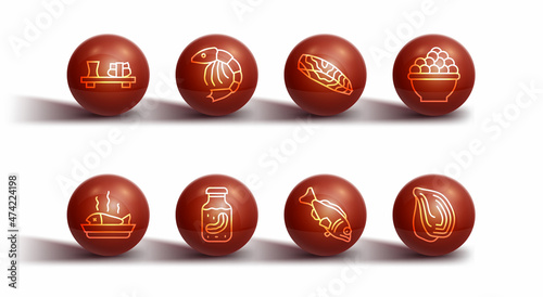 Set line Sushi on cutting board, Served fish plate, Caviar, Fish, Sea cucumber jar, Shrimp, Mussel and steak icon. Vector