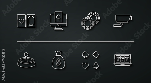 Set line Deck of playing cards, Casino roulette wheel, Security camera, Money bag, Online poker table game, slot machine with jackpot and chips icon. Vector