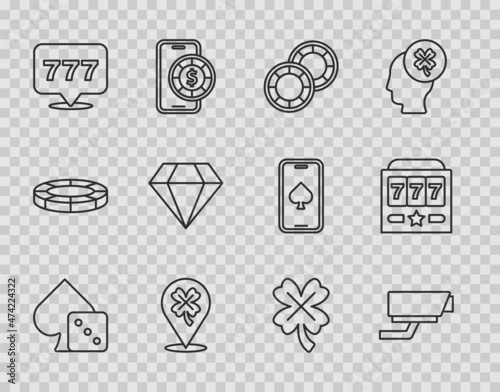 Set line Game dice, Security camera, Casino chips, slot machine with clover, Slot jackpot, Diamond, and icon. Vector