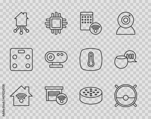 Set line Smart home with wi-fi, Robot vacuum cleaner, Air humidifier, garage, Web camera, Water sensor and Voice assistant icon. Vector