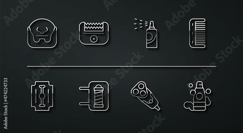 Set line Mustache and beard, Blade razor, Hairbrush, Electric blade, Barber shop pole, Electrical hair clipper, Bottle of shampoo and Spray can for hairspray icon. Vector