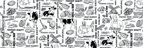 Fototapeta Naklejka Na Ścianę i Meble -  Vintage Butcher shop hand - drawn. Retro Menu Restaurant poster. Vector. Fresh meat products. Design element for poster, menu, flyer, banner, package.