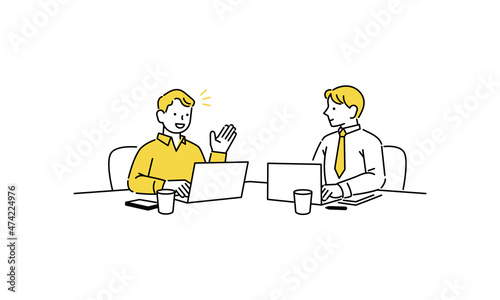 会議、打ち合わせで会話する男性達のイラスト
