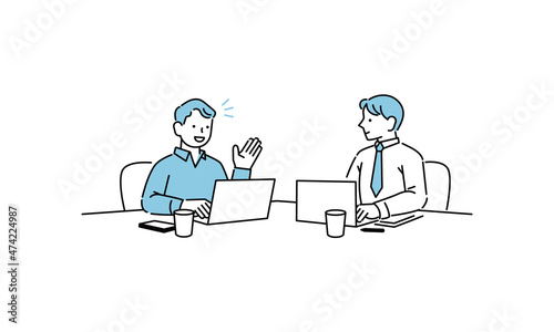 会議、打ち合わせで会話する男性達のイラスト
