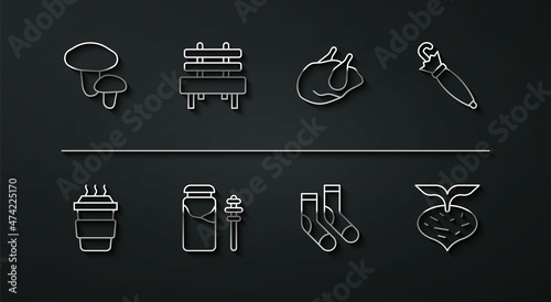 Set line Mushroom, Coffee cup to go, Umbrella, Socks, Jar honey and dipper stick, Bench, Beet and Roasted turkey or chicken icon. Vector