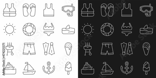 Set line Ice cream, in waffle cone, Shark fin ocean wave, Sleeveless T-shirt, Rubber swimming ring, Sun, Life jacket and Swimsuit icon. Vector