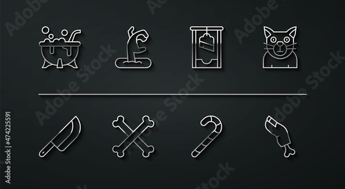 Set line Halloween witch cauldron, Knife, Cat, Christmas candy cane, Crossed bones, Zombie hand, finger and Guillotine icon. Vector
