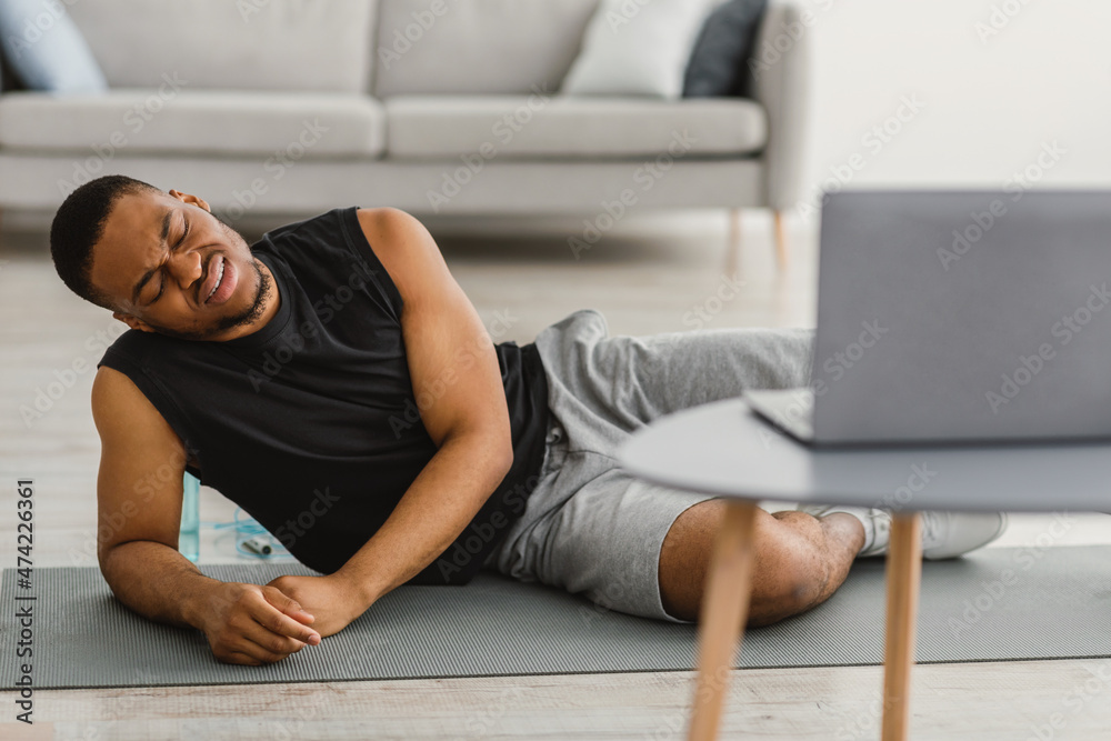 Tired Black Guy Feeling Bad After Online Workout At Home Tired Black Guy Feeling Bad After Online Workout At Home