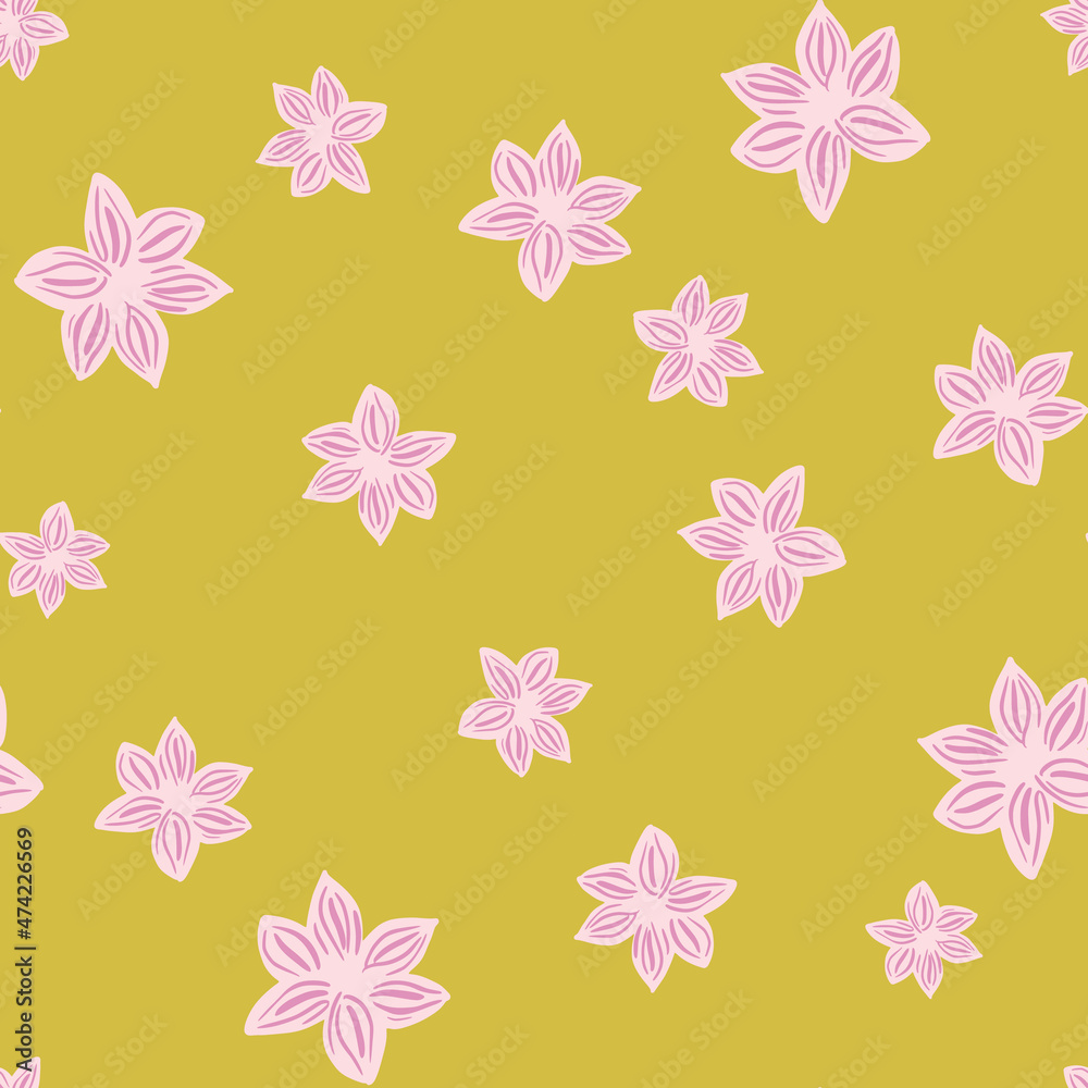 Seamless pattern sanise on yellow background. Vector repeat template spice in doodle style. Hand drawn elements nature texture for fabric Seamless pattern sanise on yellow background. Vector repeat template spice in doodle style. Hand drawn elements nature texture for fabric
