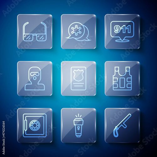 Set line Safe, Flashlight, Police rubber baton, Telephone call 911, badge with id case, Thief mask, Safety goggle glasses and Bulletproof vest icon. Vector