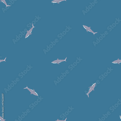Seamless pattern Tiger shark blue background. Gray texture of marine fish for any purpose.