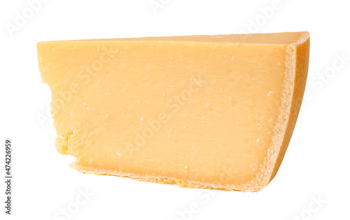 Piece of parmesan cheese isolated on white. Ready for clipping path.